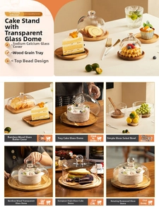 Close-up of glass dome lid with wooden tray for dessert and cake display and storage