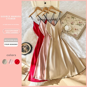 Women Satin Nightdress V Neck Spaghetti Strap Slip Dress Cross Back Imitation Satin Sleepwear Loungewear