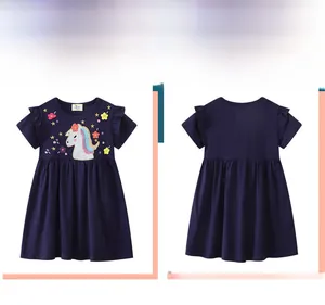 Navy blue girls unicorn dress with colorful floral embroidery and ruffle sleeve details