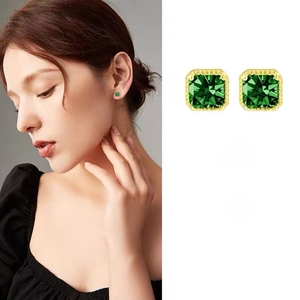 Vintage 925 Sterling Silver Square Green Zirconia Stud Earrings For Women Electroplated Emerald Style Geometric Jewelry