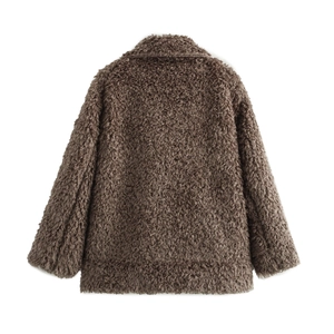 Women's dark brown faux fur jacket with a warm curly fleece texture in long sleeves