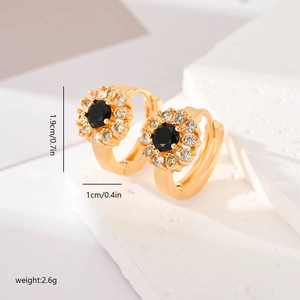 Golden flower earrings with black zircon and white crystals, 1.9cm height, 1cm width