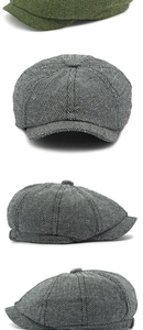 Detailed close-up of herringbone tweed pattern and stitching on retro newsboy caps