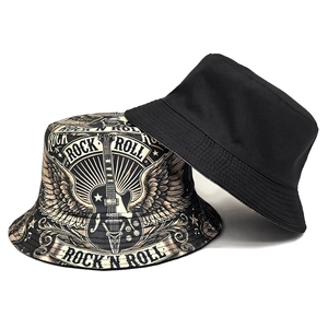 Fashionable black cotton bucket hat with rock and roll guitar print for outdoor activities