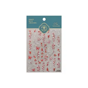 Chinese ink style red bamboo and butterfly nail stickers on professional packaging