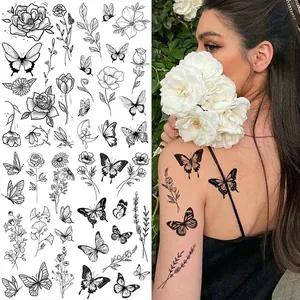 Temporary Tattoo Sticker Sketch Floral Rose Butterfly Waterproof Black And White Body Art For Women