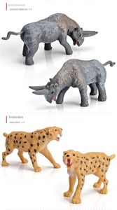 Detailed view of Arsinoitherium and Smilodon prehistoric animal toy figures