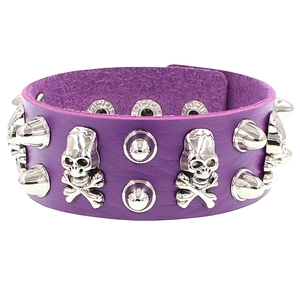 Detailed close-up of purple PU leather bracelet featuring silver skull and stud embellishments