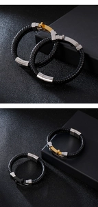 Detailed close-up of woven leather bracelets with polished gold and silver metal clasps
