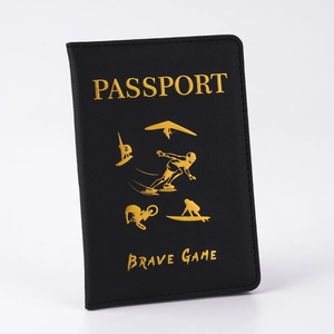 Black PU leather passport cover with gold stamped sports logo and brave game text