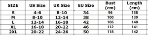 Size chart for autumn long sleeve printed shirt dress from S to 2XL with detailed measurements