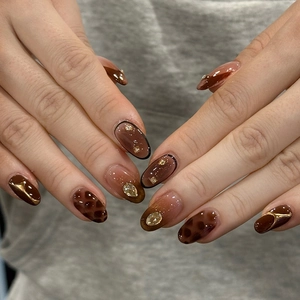 Luxurious Golden Brown Cat Eye French Press On Nails With Rhinestone Leopard Pattern Glossy Artificial Nails For Women Daily Wear