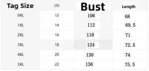 Size chart for women's plus size short sleeve shirt showing bust and length from 0XL to 5XL