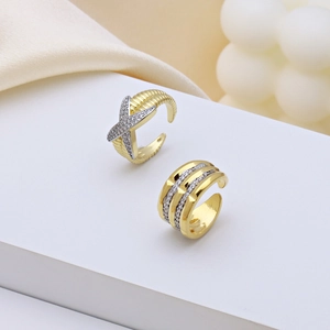 Elegant X-shaped cross and triple layer gold plated ring set with sparkling zircon stones