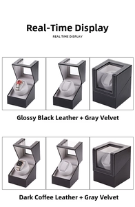 Detail view of automatic watch winder boxes in black and brown leather with grey velvet lining