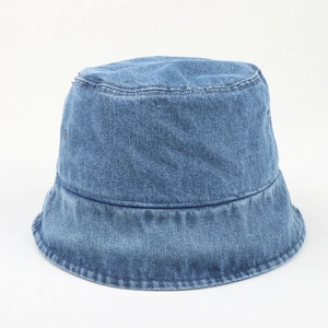 Vintage washed blue denim bucket hat for women with reinforced stitching and frayed edges