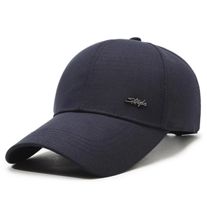 Men's navy blue cotton baseball cap with extended brim and silver Style metal ornament