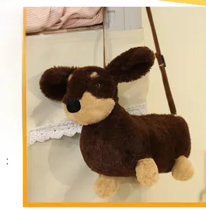 Detail of dachshund plush bag featuring brown faux fur and adjustable nylon shoulder strap