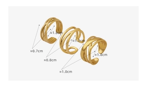 Detailed dimensions of three gold geometric layered open rings with textured weaving