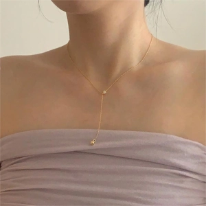 Minimalist 925 sterling silver Y-necklace with zircon heart and gold ball pendant