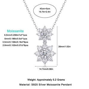 S925 sterling silver sunflower pendant necklace with 1ct moissanite stones and dimensions