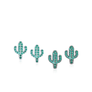 Cute S925 sterling silver cactus stud earrings with green pavé set cubic zirconia