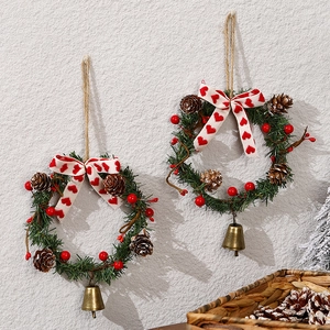 Christmas Wreath Hanging Ornament Artificial Pine Red Berries Cones Metal Bell Heart Bow Ribbon Festive Door Wall Decor