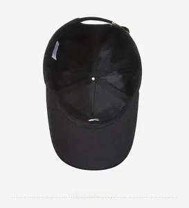 Detail view of cotton baseball cap interior with sweatband and adjustable buckle