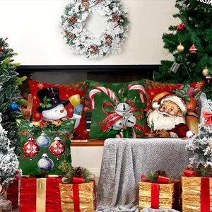 Christmas Pillow Covers Santa Snowman Print Polyester Linen Texture For Sofa Home Decorative Cushion Cases Festive Red Green