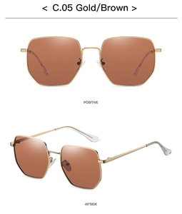 Detail of Gold metal frame and Brown polarized lenses for oversized square sunglasses