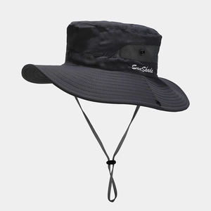 Detail of black sun hat featuring breathable mesh vents and SunShade embroidery