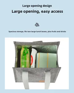 Detailed interior of gray lunch bag with aluminum foil insulation and large opening