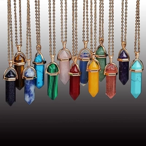 Hexagonal Prism Natural Stone Pendant Necklace Healing Crystal Stainless Steel Column Chain Jewelry