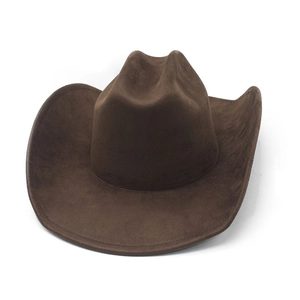 Detailed top view of a dark brown suede western cowboy hat with a classic wide brim