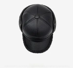 Top view showing textured black leather and warm faux shearling lining of the winter cap