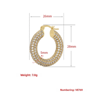 Detail view showing dimensions of 18K gold-plated chunky hoop earrings with full pavé crystals