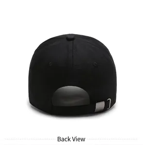 Rear view of black cotton baseball cap featuring an adjustable silver metal buckle strap