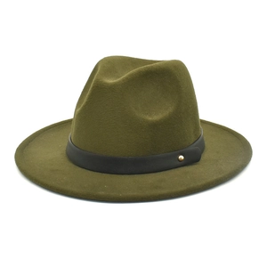 Olive green fedora hat with black faux leather band and gold stud on a white backdrop