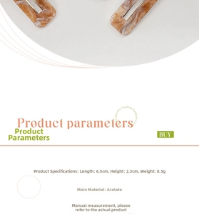 Detailed specs of amber marble acrylic hair clips featuring 6.5cm length and acetate material
