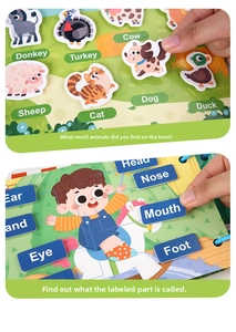 Detailed view of kids busy book featuring farm animals and body parts sticker matching