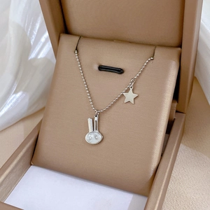 Detail of silver rabbit and star pendants on bead chain necklace in brown jewelry box