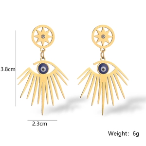 Detail of gold evil eye sunburst earrings with blue enamel and crystal inlay