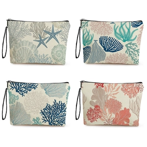 Trousse De Maquillage Imprimé Corail Étoile De Mer Pochette À Cosmétiques En Lin Fin Avec Fermeture Éclair Et Dragonne