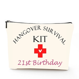 Beige canvas makeup bag with Hangover Survival Kit and 21st Birthday print