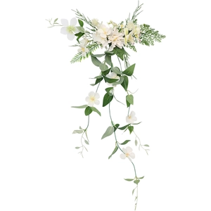 Hanging floral decoration with white dahlias and green eucalyptus leaves on white background