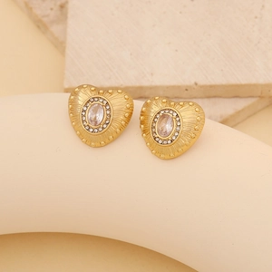 French vintage heart zircon earrings in gold-plated titanium steel with center crystal