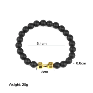 8mm black matte lava stone bead bracelet with gold dumbbell charm showing dimensions