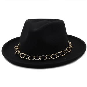 Detailed close-up of a black wool fedora featuring a decorative gold chain link band