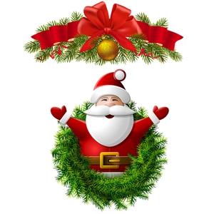 Christmas wall decal featuring Santa Claus and pine needles with golden bells and red ribbons