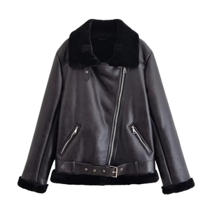 Veste Biker Femme Cuir PU Doublée Fourrure Synthétique Aviator Moto Manteau Oversize Col Sherpa Ceinturé Casual Hiver